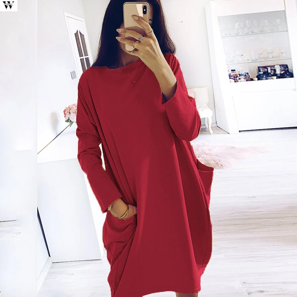Осень 2019 зима женская блузка платье с круглым вырезом и длинным рукавом