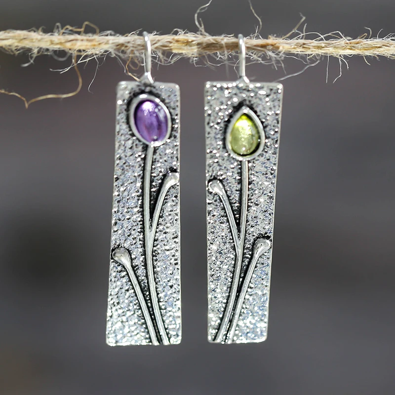 

Boho Tribal Branch Flower Oil Drop Earrings For Women Vintage Handmade Metal Teardrop Purple Resin Stone Earring Brincos P4D371