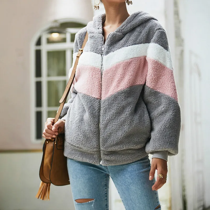 

Woman Fur Coat Hooded Loose Thick Warm Coat Hoodies Women 2021 Autumn and Winter Casual Fashion Long-sleeved Splicing Clothes