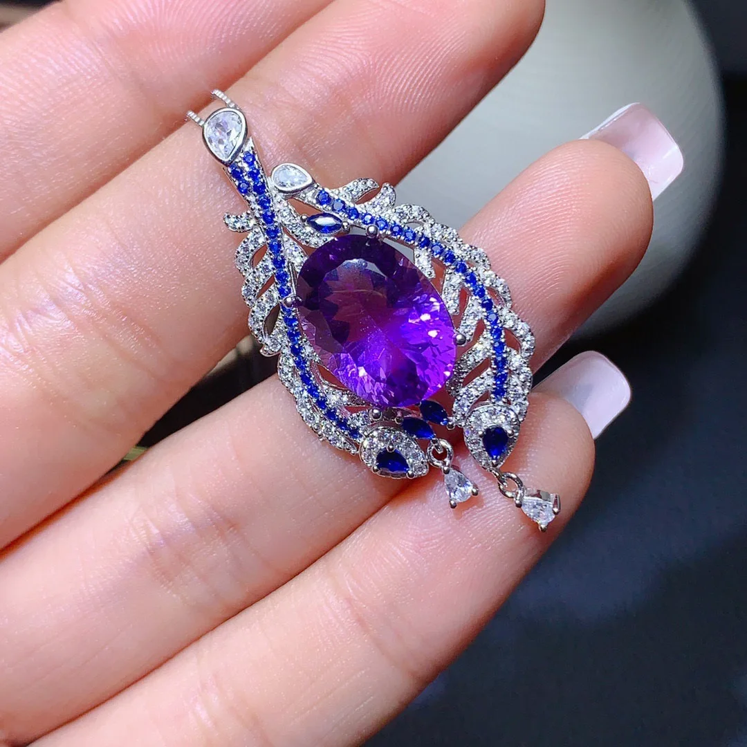 

925 Silver Sterling 45cm Necklace Natural Amethyst Pendant for Women Bohemia Engagement Pendant Necklaces Amethyst Jewelry Box