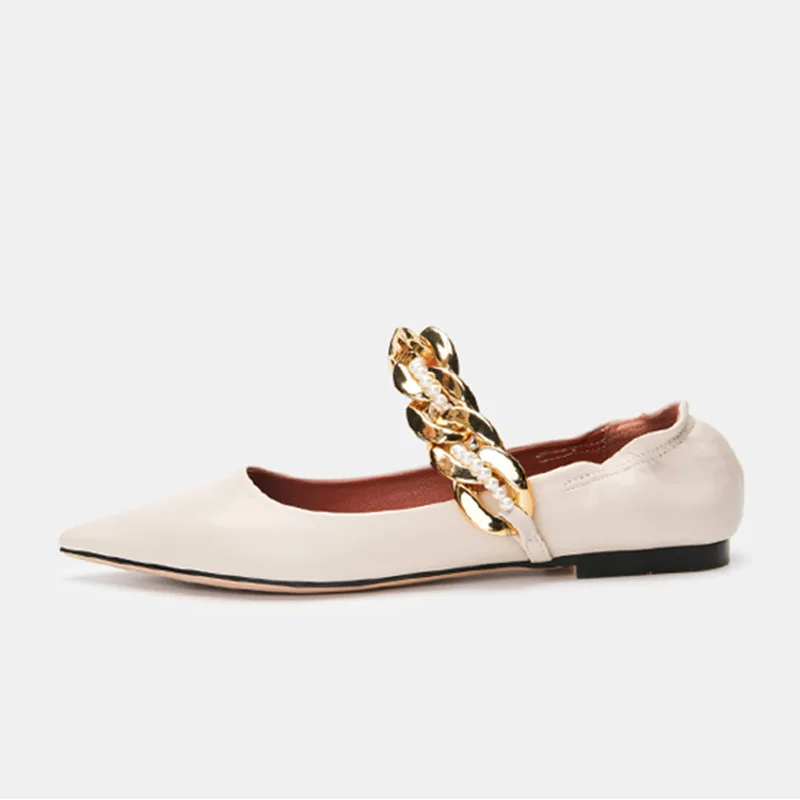 

Spring and summer 2021 new pearl chain pointed low top solid color fashion white leisure fashion comfortable flat shoes women's