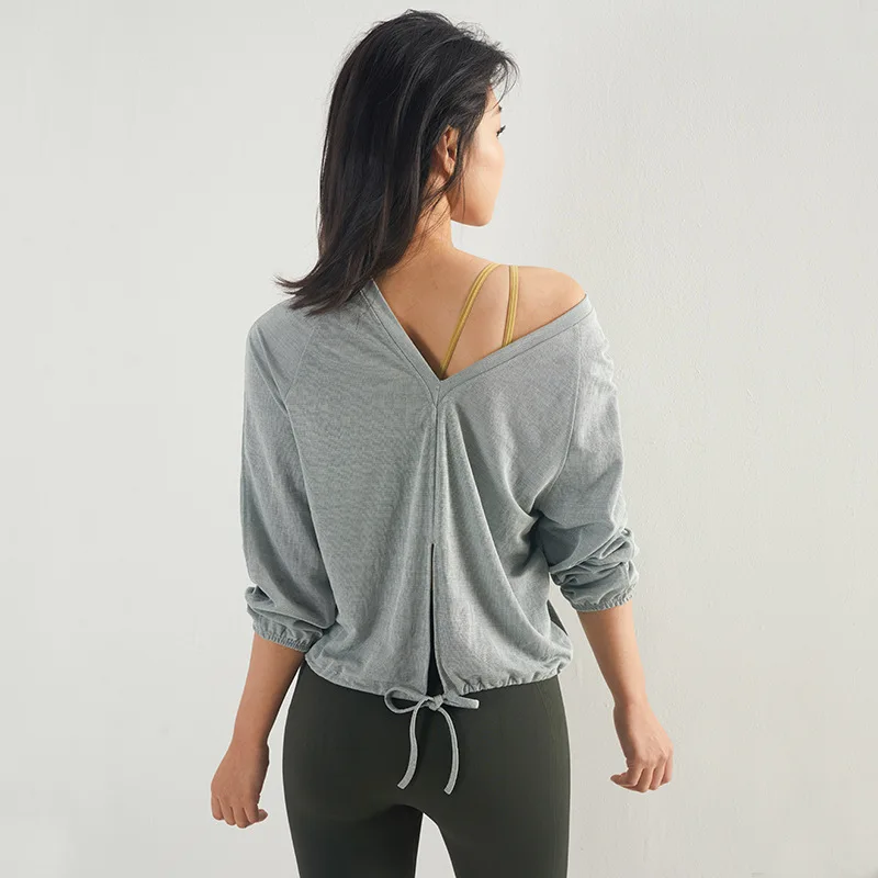 2019 Loose Workout Tops for Women Lace Drawstring Design Crop Top Long Sleeve Shirts Modal Yoga Shirt Running Fitness Clothing | Спорт и