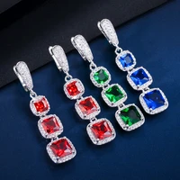 threegraces classic green red blue square cubic zirconia women sliver color jewelry long dangle vintage huggie earrings er295