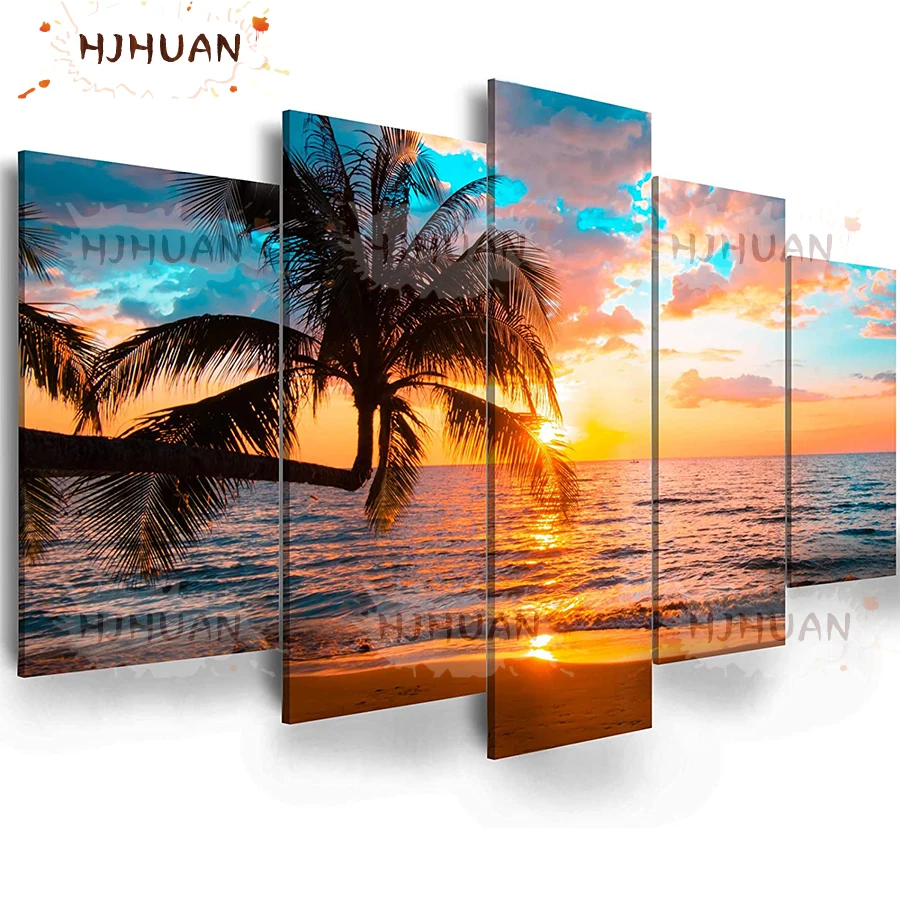 

5pcs Sunset island coconut tree Diamond Painting Cross Ctitch Kits Diamond art crystal Mosaic Embroidery Painting New Year Gift