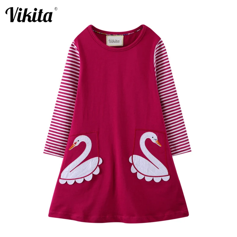 

VIKITA/Хлопковое платье с лебедем для девочек; Детское платье с длинными рукавами и аппликацией в виде животных; Vestidso; Детская повседневная оде...