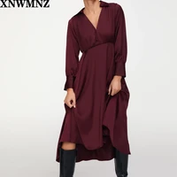 xnwmnz women fashion satin midi dress female long puff sleeves v neck asymmetric hem chic dresses ladies vintage robe