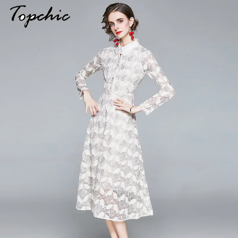 

Vintage White Lace Floral Woman Dress 2021 Spring Autumn Elegant Turn-down Collar Long Sleeve Pleated Midi Dress Women