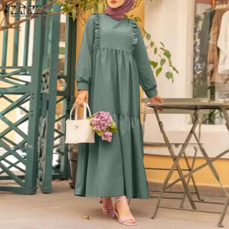 

Muslim Abayas For Women Solid Round Neck Long Dresses Fashion Retro Elegant Dress Islam Femme Ramadan Kaftans Arab Turkey Robe