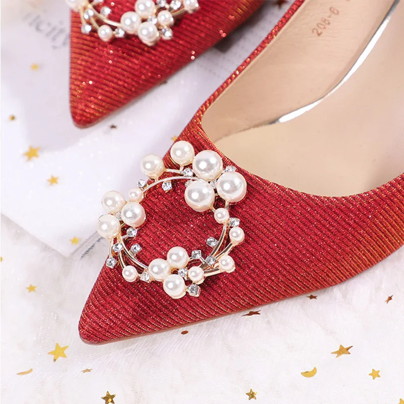 

Fashion Brand Design Luxury Crystal pearl Buckle Pumps Pointed Toe Shallow Dress Shoes Wedding Shoes Party Women