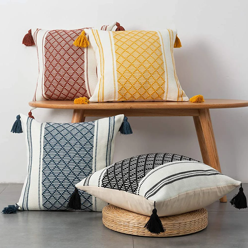 Nordic Cotton Woven Cushion Cover Modern Diamond Jacquard Boho Throw Pillow Case Bed Sofa Home Decorative