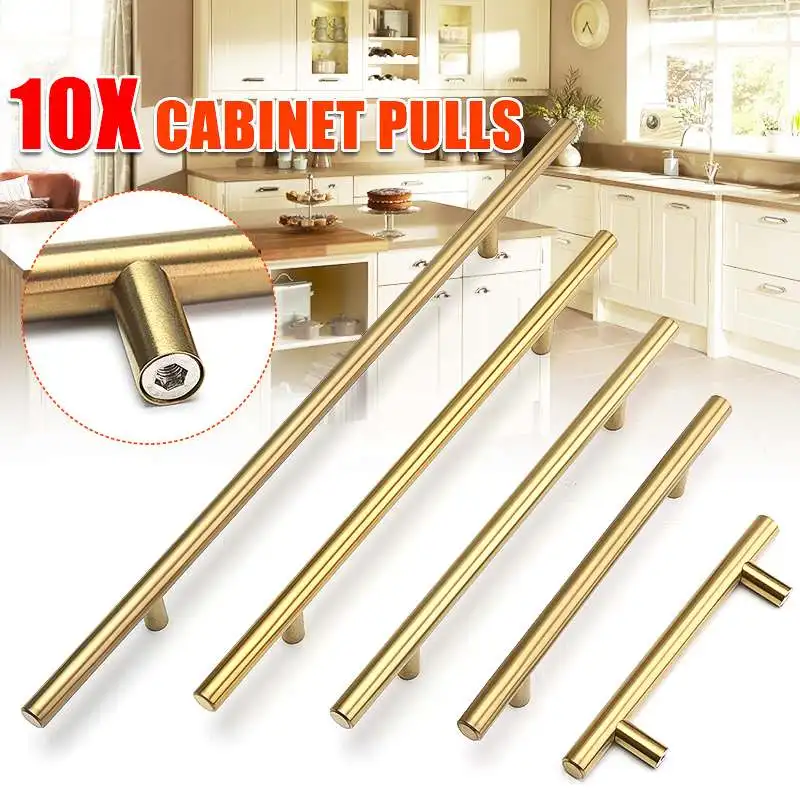 

NEW 10pcs Stainless Steel Furniture Handle T Shape Cabinet Pulls Gold Handle For Drawer Cupboard Pull Knob Hardware Tools