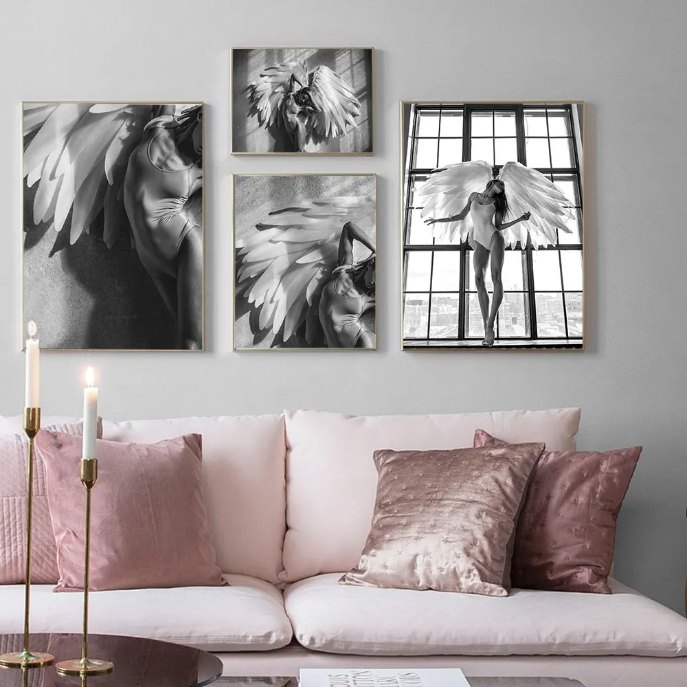 

Beauty Angel Girl Poster Black and White Canvas Painting Nordic Art Print Modern Wall Picture For Living Room Home Decor