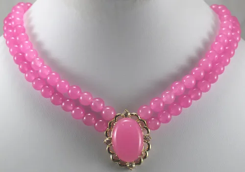 

wholesale 2rows pink Natural jade bead necklace with 13*16mm pendant necklace