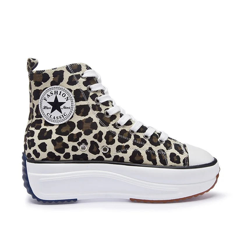 leopard Женские кроссовки из парусины; женские высокие кроссовки; Женская Осенняя обувь; дышащие кроссовки для девочек; цвет белый, черный; QW-62 - Цвет: leopard