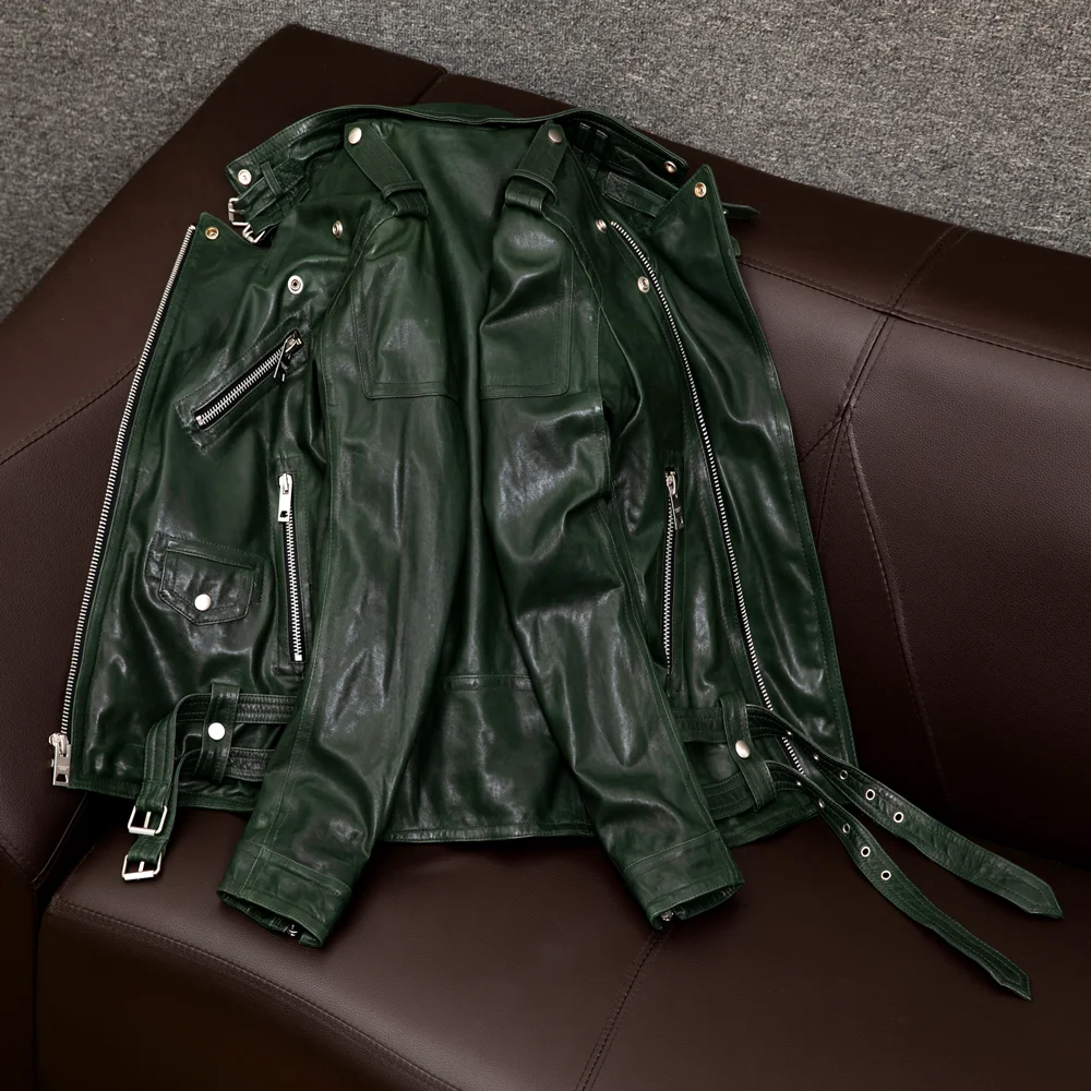 Italy 2021 mens genuine sheepskin motor overcoat male spring autumn fall short jacket green plus big oversize xxxxl 2xl 3xl 4xl | Мужская