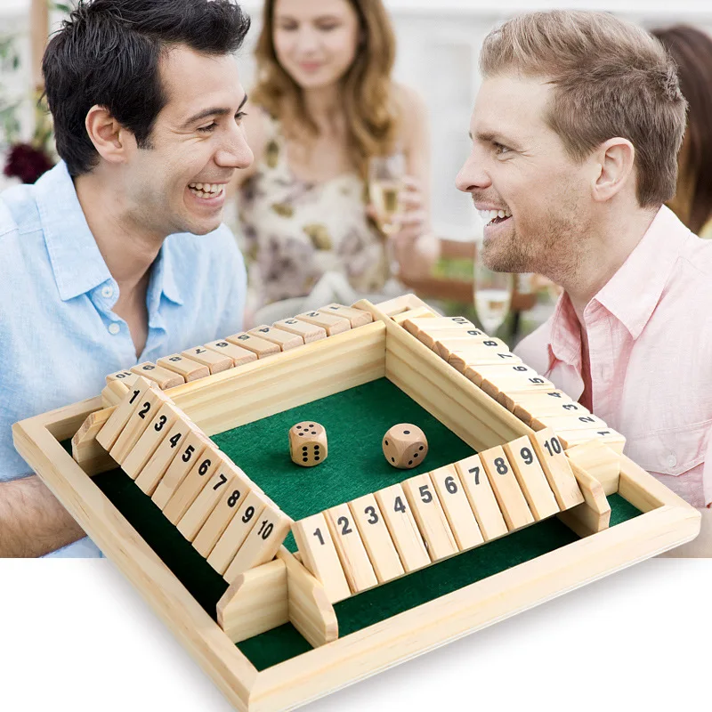 

QWZ New Wooden Deluxe Four Sided 10 Numbers Shut The Box Board Game Set Dice Party Club Drinking Games for Families Toys