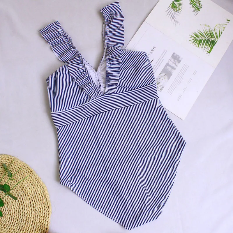 Riseado Сексуальная рюшами Одна деталь купальник купальные костюмы V-Neck Для женщин полосатый принт сексуальные пляжная одежда Новинка ванный комплект Для женщин
