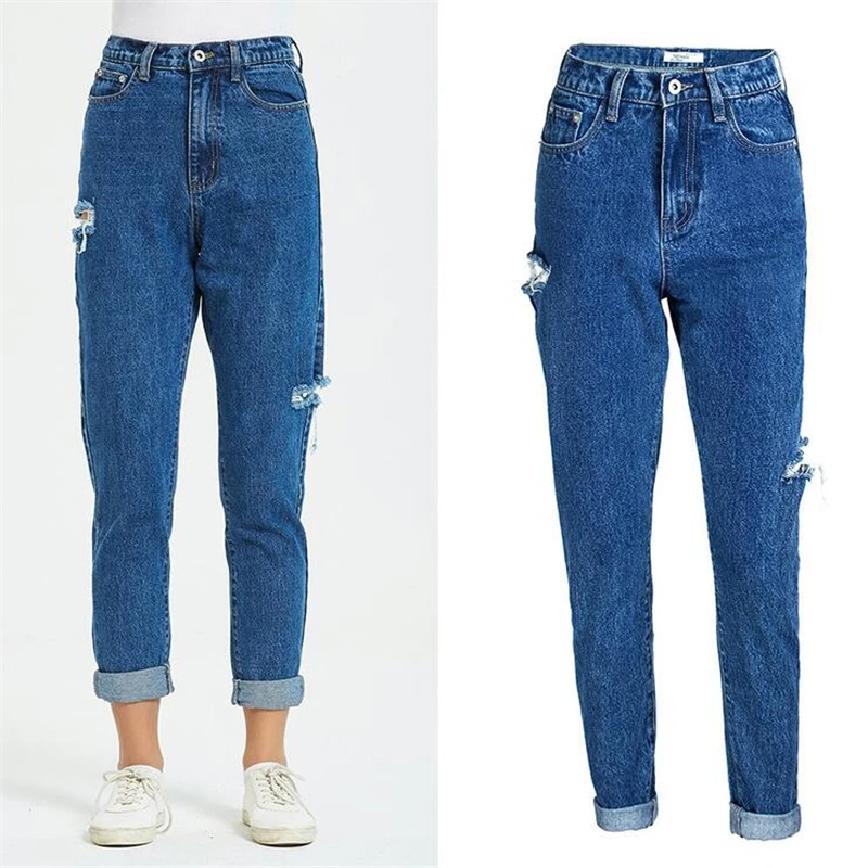 Европейские американские рваные джинсы с простыми дырками и высокой талией