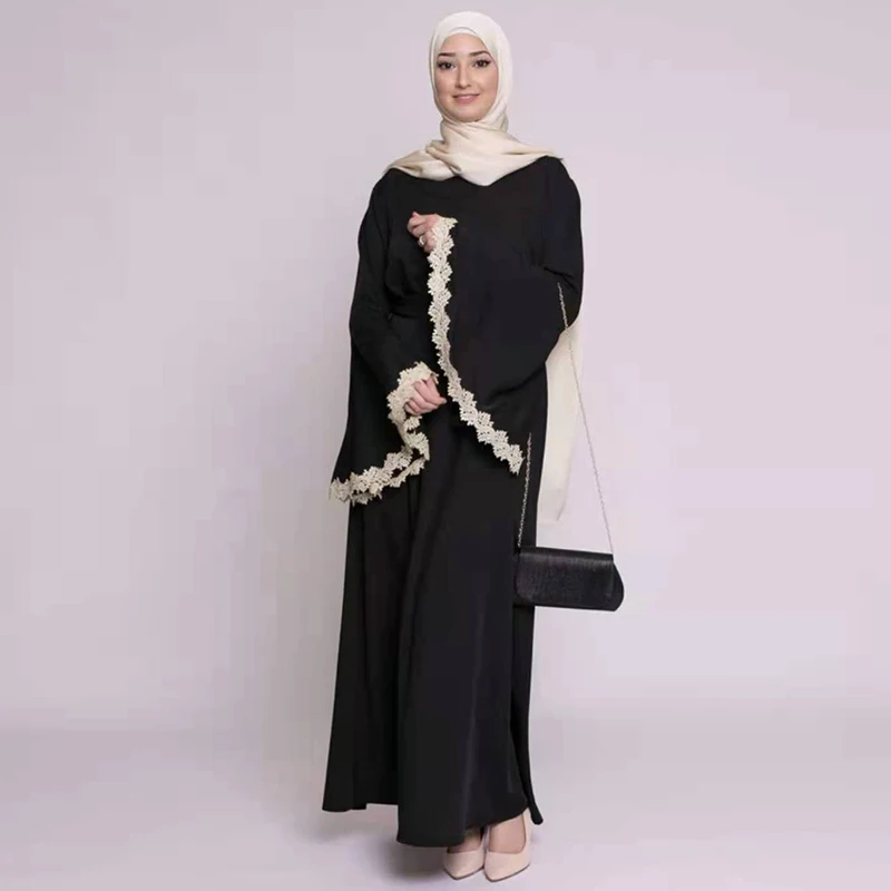 Новинка 2021, мусульманское однотонное кружевное женское платье с расклешенными рукавами, платья Ближнего Востока, элегантные свободные жен...