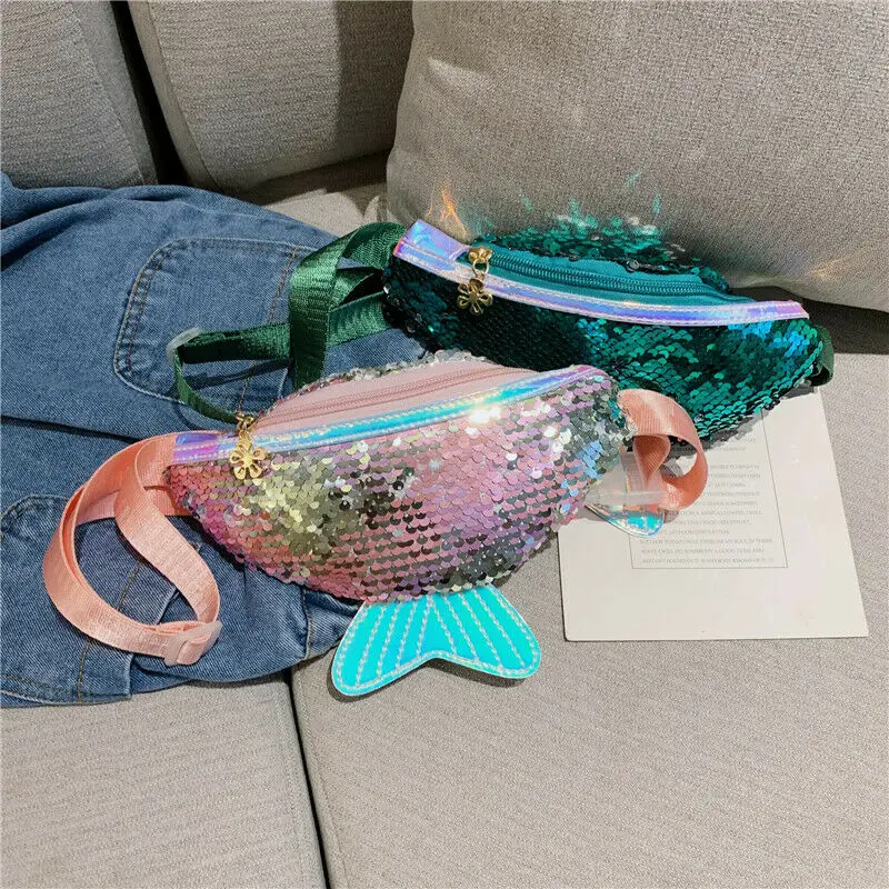 

2019 New Fashion Kids Girls Sequined Waist packs Single Shoulder Bag Chest Bags Girls Cute Fishtail Waist Bags Fanncy packs