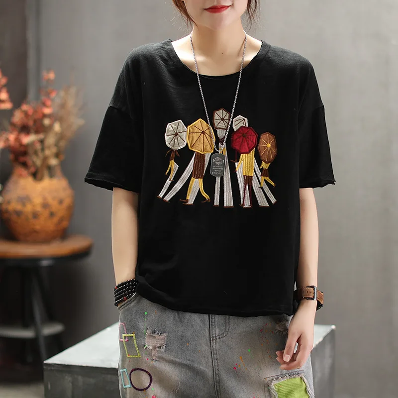 

Casual Art Embroidery T Shirt Loose Women's Top Round Neck Middle Sleeve Tees for female Solid color free size pullovers Z2