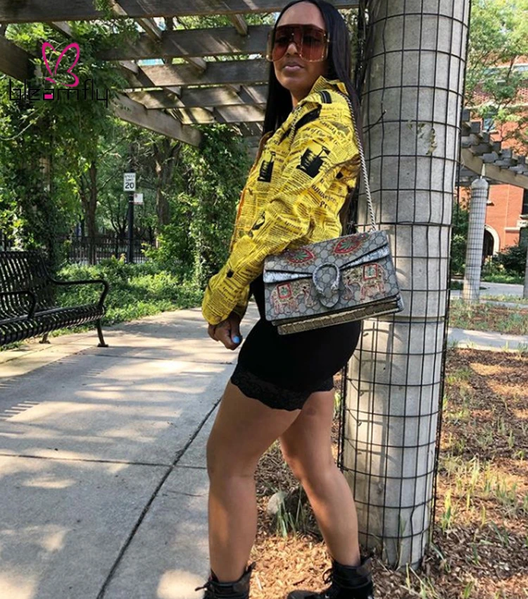 Новый осень зима Для женщин Письмо Newsapper печати с длинными рукавами ажурным