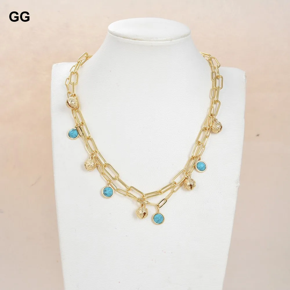 GG Jewelry 17'' 2 Strands Gold Plated Small Bell Blue Turquoise Coin Pendant Chain Necklace | Украшения и аксессуары