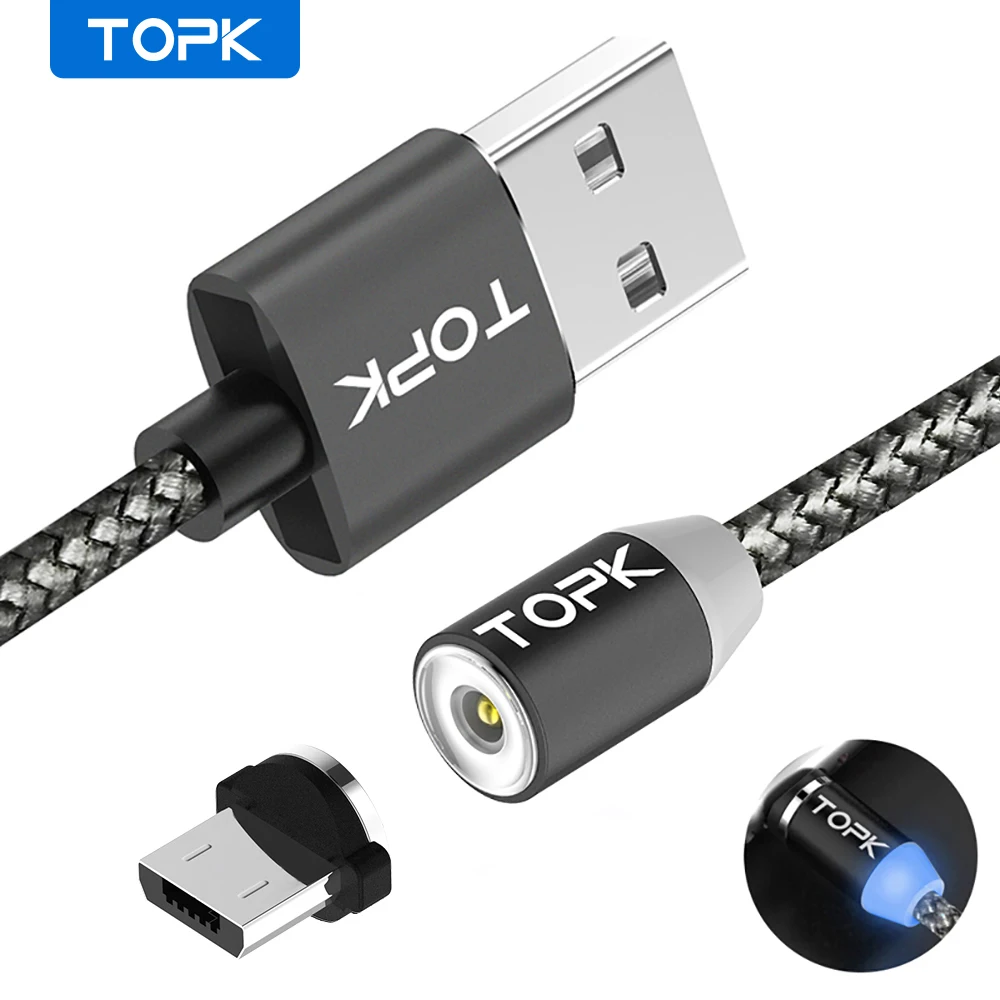 Кабель Micro USB TOPK светодиодный магнитный Улучшенный светоотражающий нейлоновый
