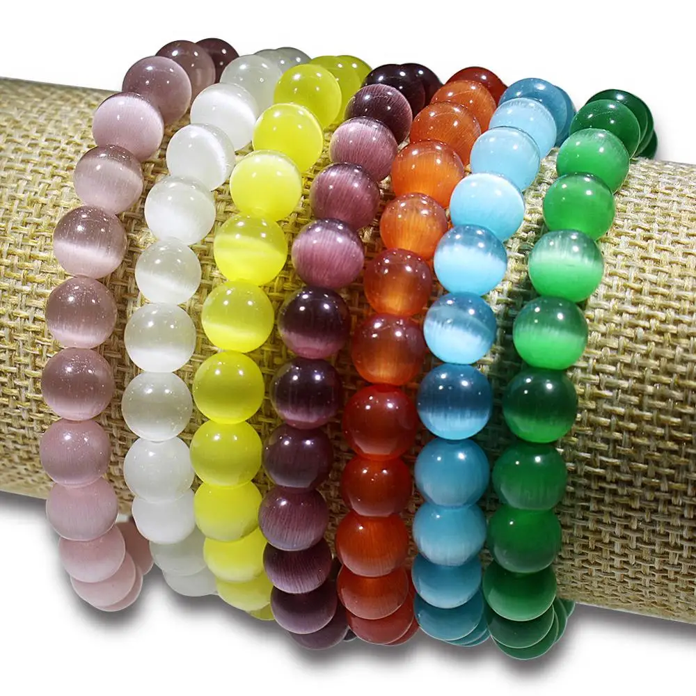 Женский эластичный браслет кошачий глаз с бусинами 8 мм|Плетеные браслеты| |