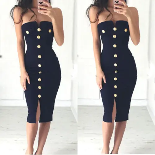 

Women Ladies Bodycon Sleeveless Sexy Party Dress Button Solid Strapless Knee-Length Pencil Dress