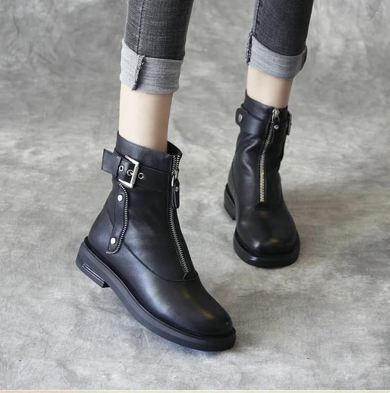 

2019 New Leather Female Handmade Martin Boots Low Heel Leather Ankle Boots Zapatos De Mujer