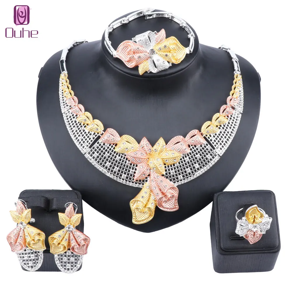 Женский роскошный комплект ювелирных изделий из Дубая золотого цвета