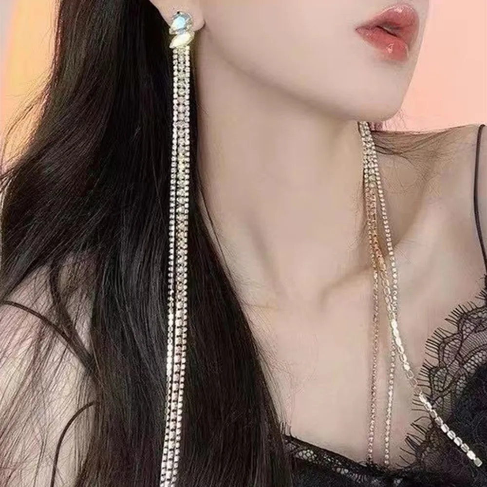 

Shiny Water Drop Rhinestone Super Long Tassle Dangle Earrings Wedding Jewelry for Women Luxury Crystal Drop Earrings Accessories