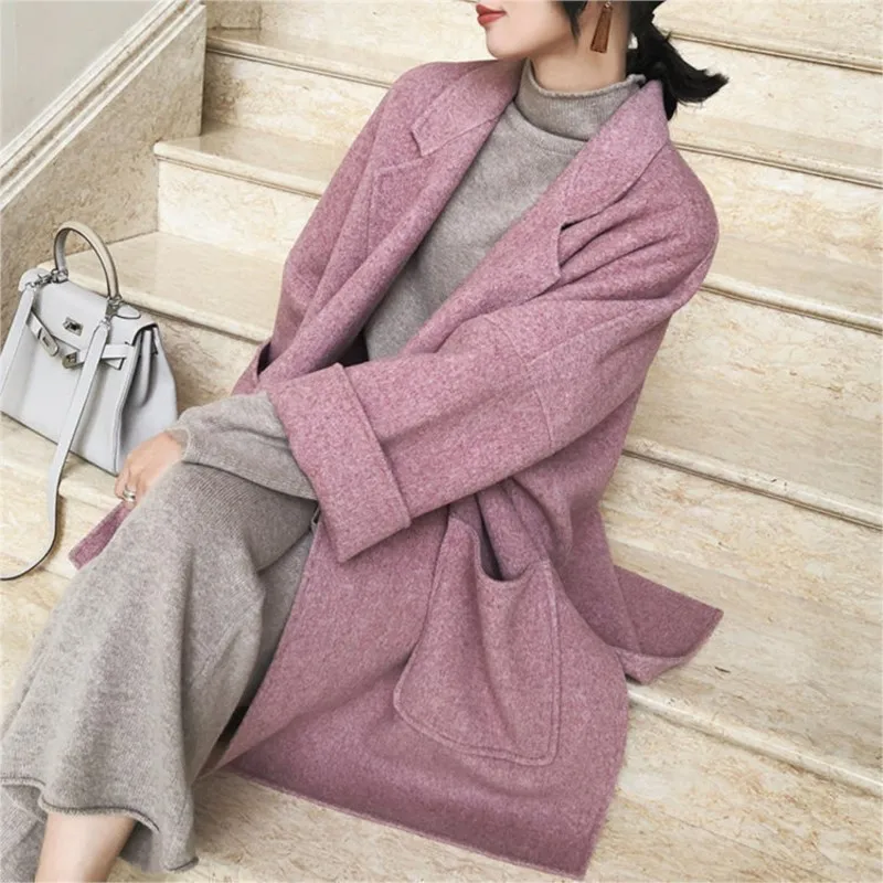 

2021 Stylish Chic Loose Women Blend Coats 2021 Winter Thicken Full Sleeve Pockets Female Outwear Midi Ladies Woolen Coat