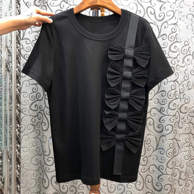 

VGH Elegant Patchwork Bow Women T Shirt O Neck Short Sleeve Loose Asymmetrical T-shirt For Female Fashion 2020 Summer Clothing