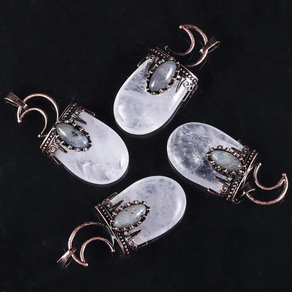 

TUMBEELLUWA Oval Natural Stone Vintage Color Half Moon Pendant for Necklace Healing Reiki Crystal Crown Wrap Labradorite Jewelry
