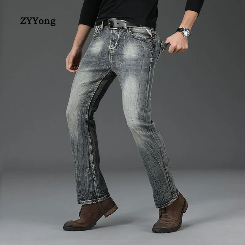 Retro Flared Jeans Men's Boot Cut Slightly Flare Slim Retro Blue High Quality Stretch Slim Classic Casual Pants Gray Trousers