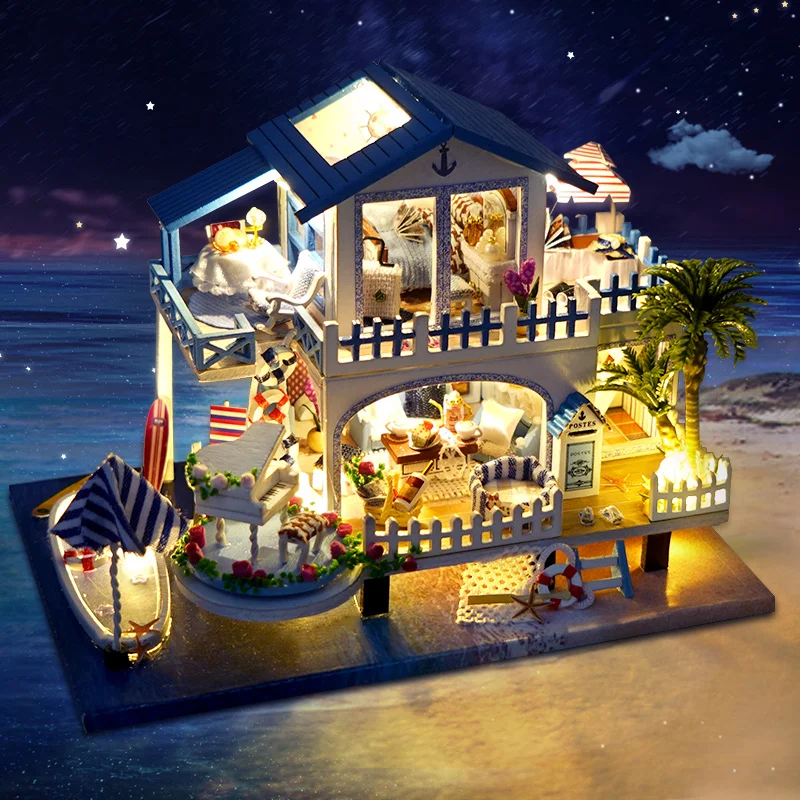 

Mini DIY Wooden Doll House Kit Miniature Furniture Swimming Pool Casa Beach Cottage Dollhouse Toys for Children Girls Xmas Gifts