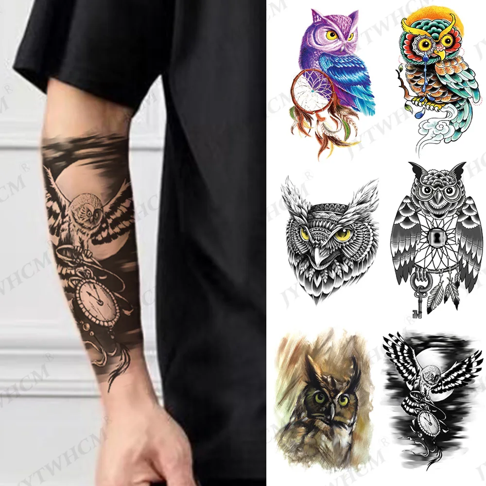 

Waterproof Temporary Tattoos Art Design Owl Colorful Tattoo Sticker Half Fake Sleeve Sketches Festival Arm Tattoos For Men Women