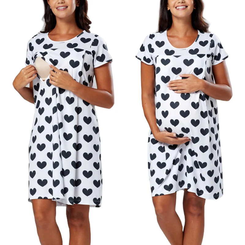 Popular Dot Printing Pregnant Dress Short Sleeve Boat Neck Maternity Dresses Casual Simple Nursing Breastfeeding | Мать и ребенок