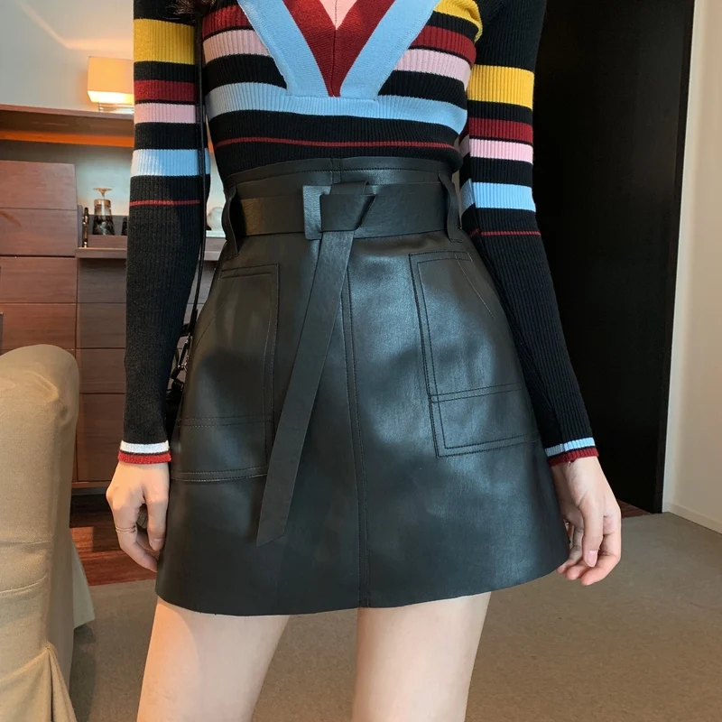 

Женская кожаная юбка с завышенной талией, универсальная облегающая трапециевидная короткая юбка с поясом, осень 2021