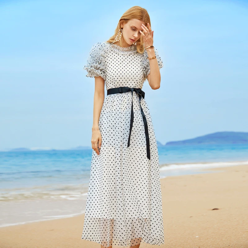 

Fashion Midi Dress Party Casual Vacation Vintage Elegant Polka Print Net Yarn Designer Runway Spring Summer New Women'S Dress