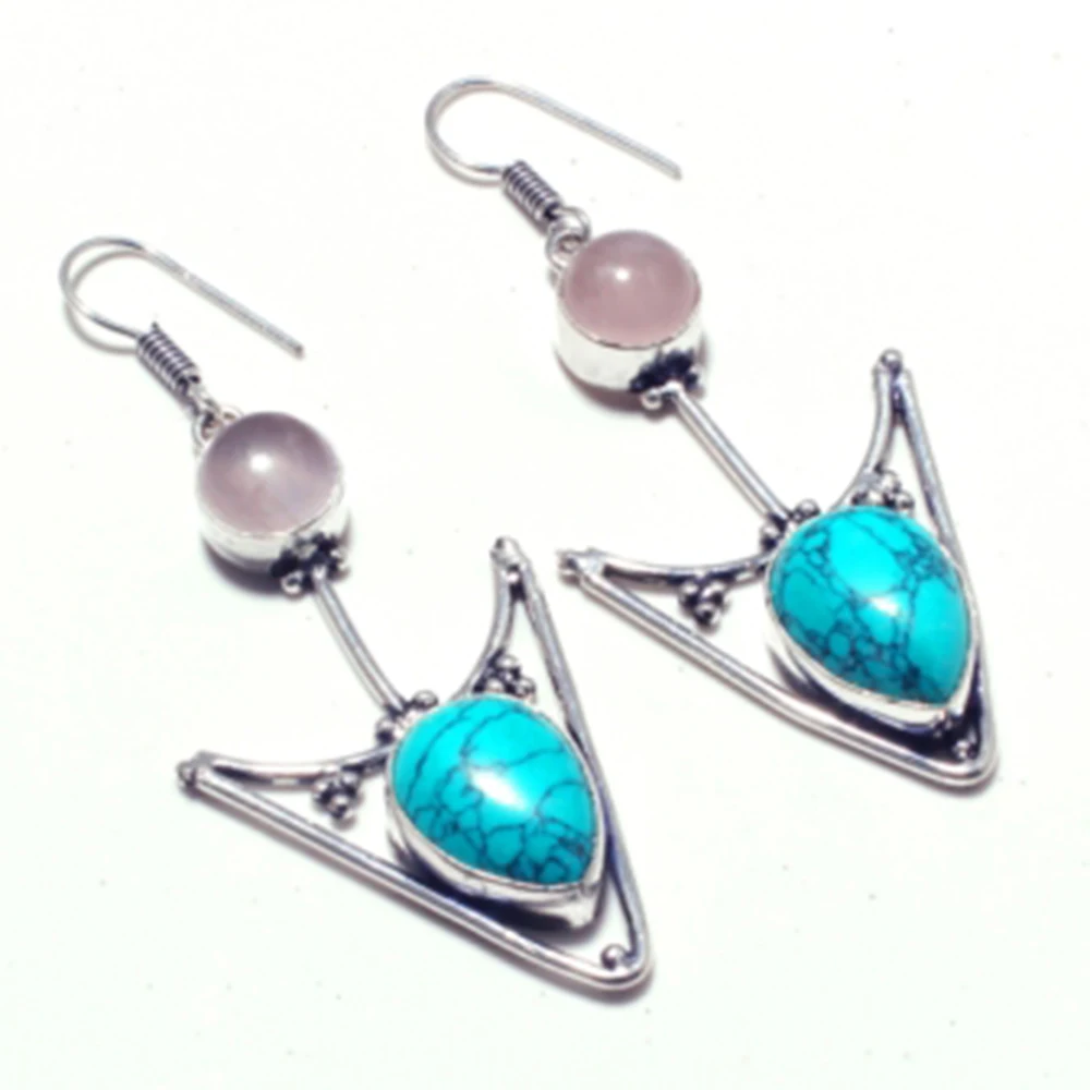 Бирюза + розовый кварц серебро накладки на медные серьги ручная работа женские