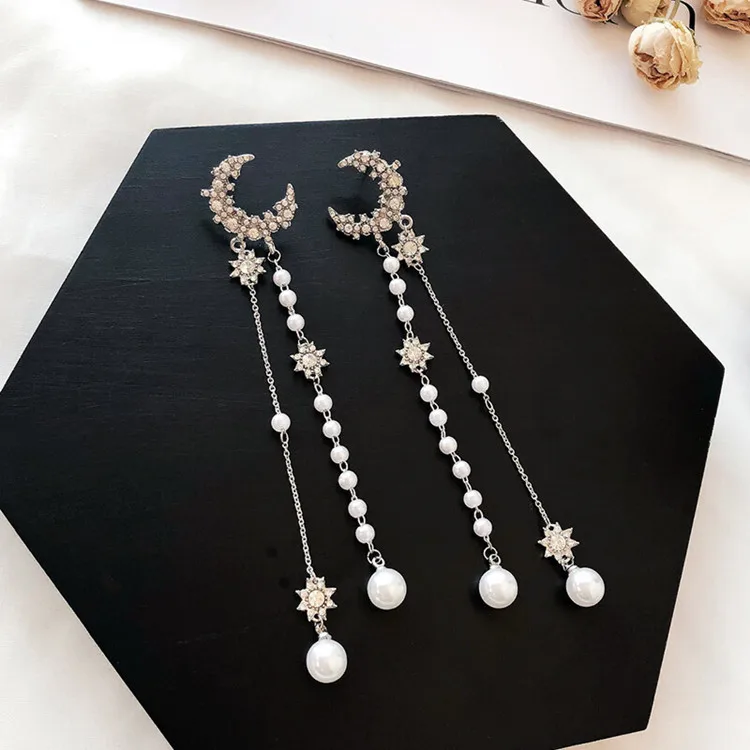 Корейские темпераментные жемчужные длинные звезды луна серьги с кисточками для