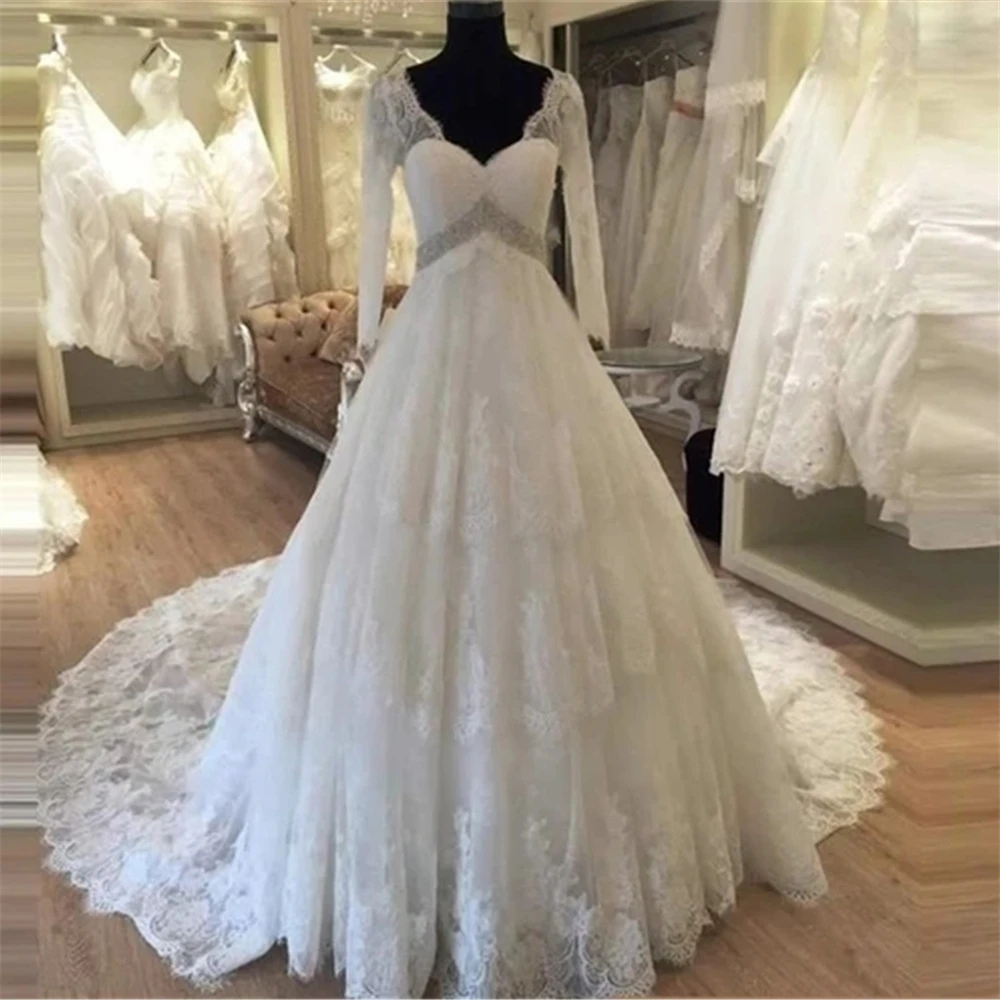 

Romantic A-line Wedding Dress With Sheer Bodice Long Sleeves V-neck Bride Dresses Vintage Beading Lace Princess Vestido De Noiva