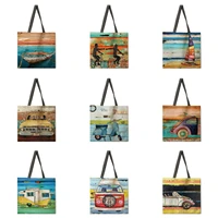 retro ocean beach print reusable shopping bag ladies fashion shoulder bag ladies canvas handbag tote bag