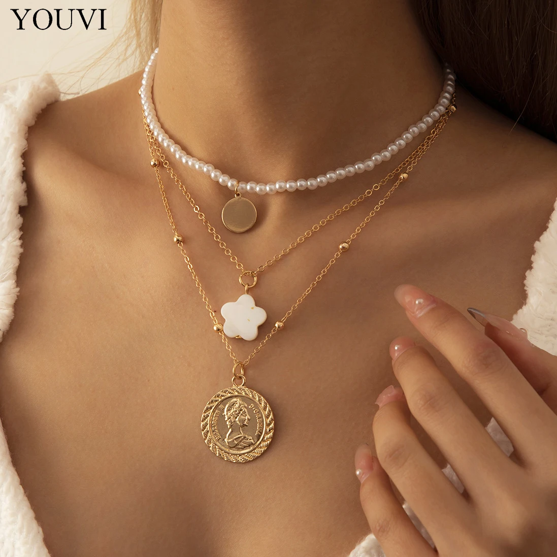 

YOUVI Vintage Simulated Pearl Necklace for Women Bohemian Multilayered Portrait Coin Shell Pendant Necklaces Collar Jewelry