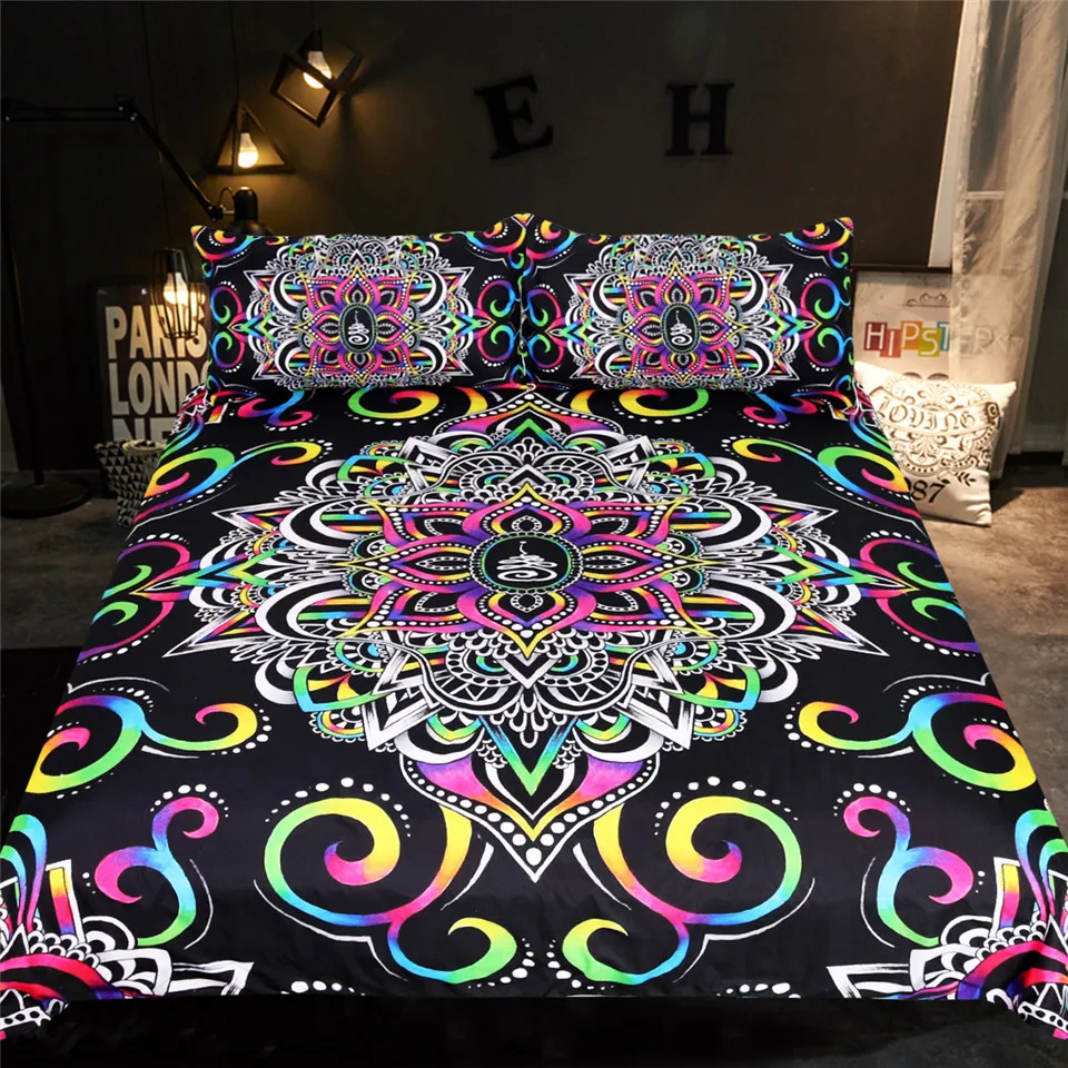 Harmony Magic by Brizbazaar, Комплект постельного белья, мандала, цветочный пододеяльник, цветной Комплект постельного белья, 3 предмета, психоделический цветок, черное постельное белье