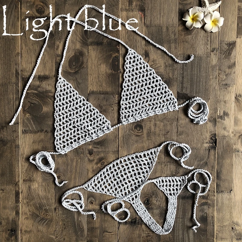 Light Blue Новинка, ручная работа, вязанное крючком микро бикини, стринги, пляжные микро купальники, сексуальное нижнее белье, наборы, горячая распродажа - Цвет: Light Blue