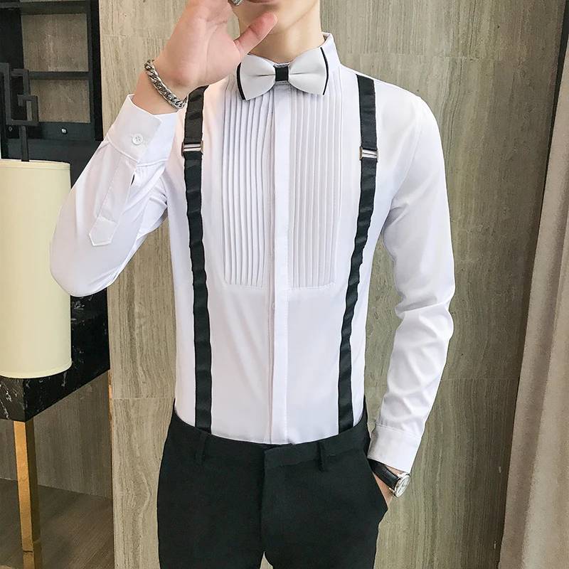 

2021 Men's Solid Color Long-sleeved Blouse Groom Wedding Dress Pleated Design Formal Slim Shirt Business Prom Social Clothing